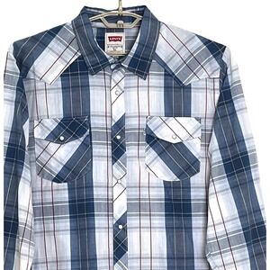 Levi's Mens Western Cowboy Shirt XL Blue Plaid White Tab Long Sleeve Pearl Snaps